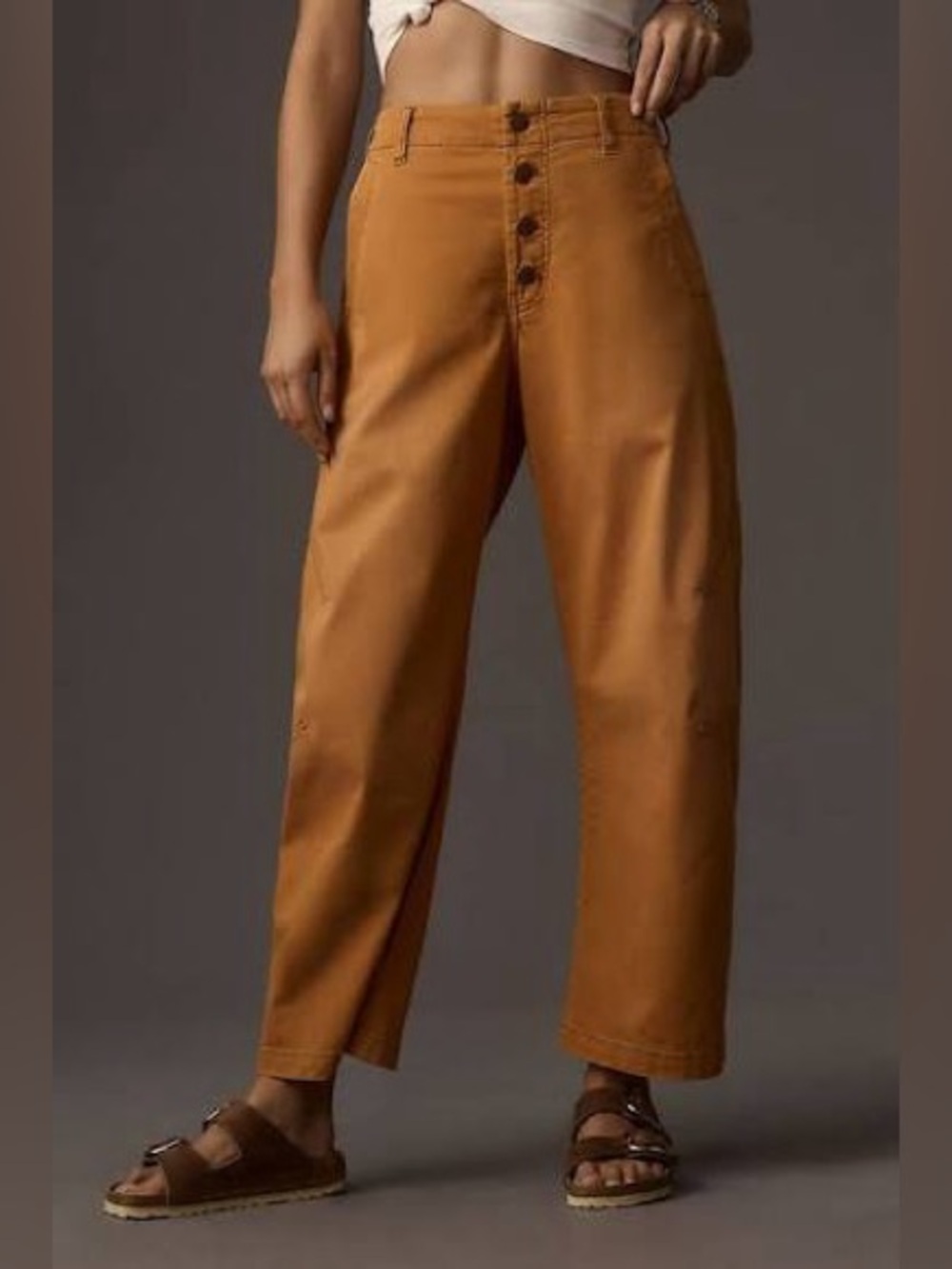 Pilcro Button-Front Barrel Pants High-Waist Jeans in Caramel Brown 32